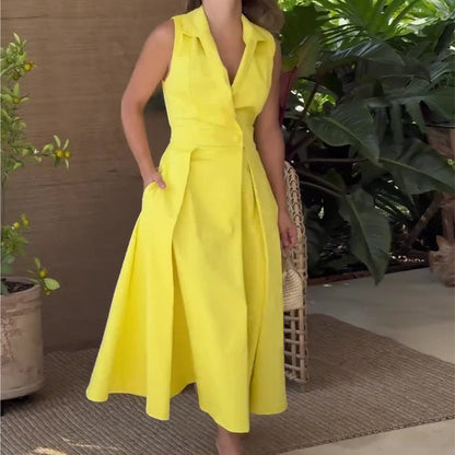Sleeveless Notched Lapel Single-Button Pleated A-Line Maxi Dress