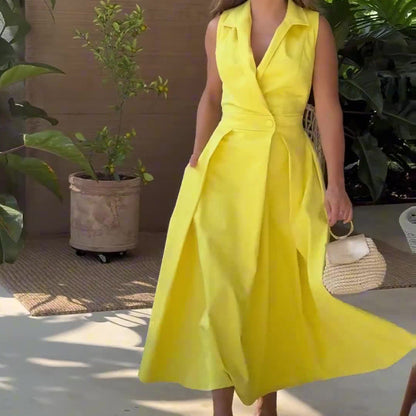 Sleeveless Notched Lapel Wrap Button Waist Pleated Pocket Maxi Dress