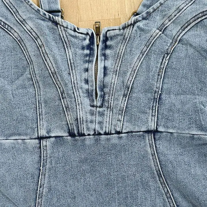 Denim Corset Panel Scoop Neck Zip Front High Slit Bodycon Midi Dress