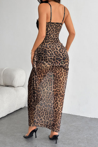 | Leopard Print Lace Bodycon Maxi Dress