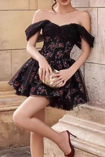 Off Shoulder Mesh Puff Sleeve Corset Bodice Layered Hem Mini Floral Dress