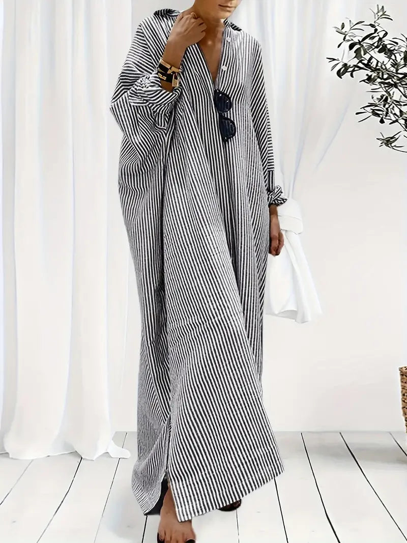 V Neck Button Front Vertical Stripe Oversized Shirt Maxi Dress
