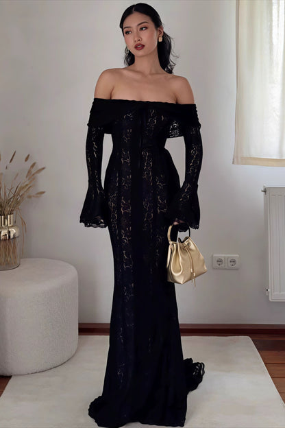 | Off Shoulder Lace Flare Sleeve Fitted Maxi Dress