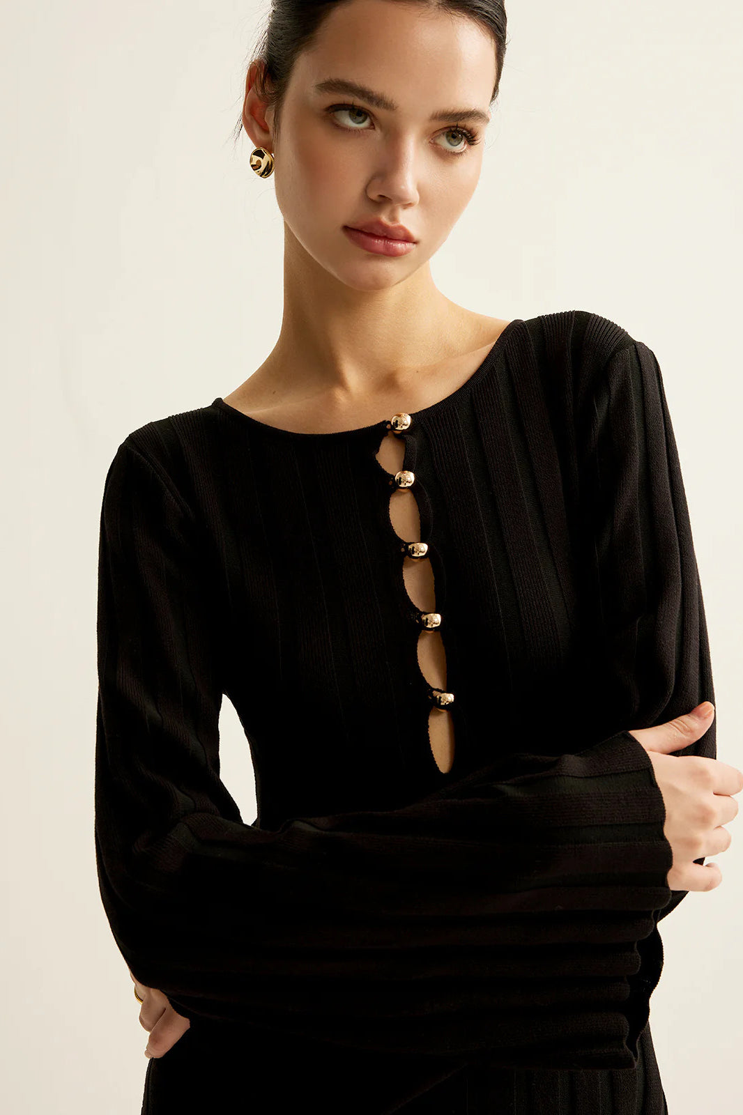 Crew Neck Button Front Keyhole Rib Knit Bell Sleeve Maxi Sweater Dress