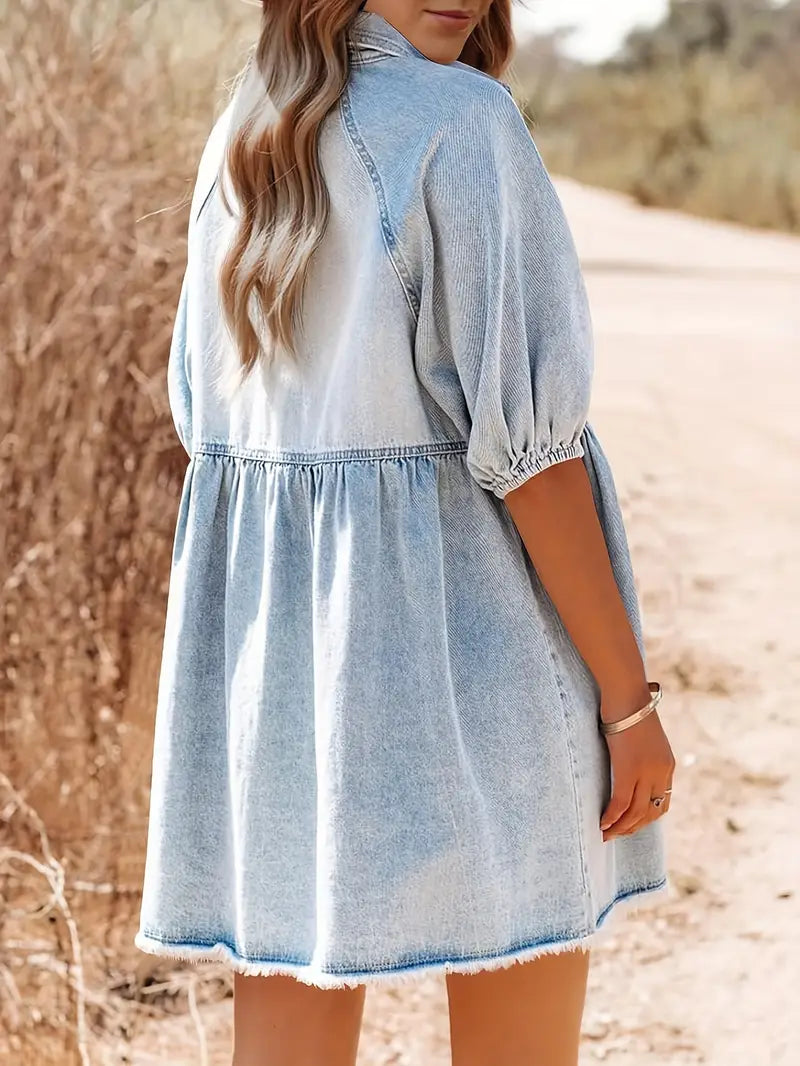 Denim Button-Down Collar Puff Sleeve Empire Waist Frayed Hem Babydoll Mini Dress