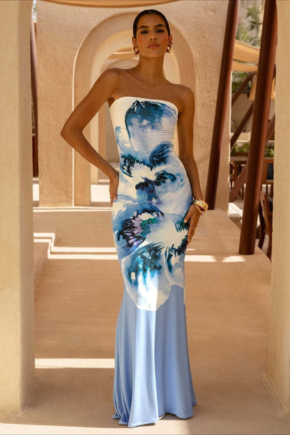 Strapless Painted Floral Graphic Bodycon Maxi Dress