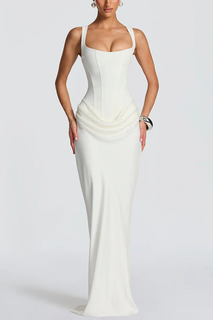 Larrah Square Neck Back Lace-up Satin Drape Hem Maxi Dress