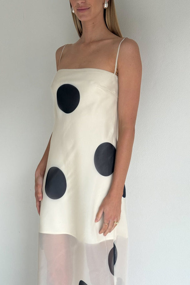 Polka Dot Strapless Opaque Bodice Sheer Mesh Skirt Maxi Dress