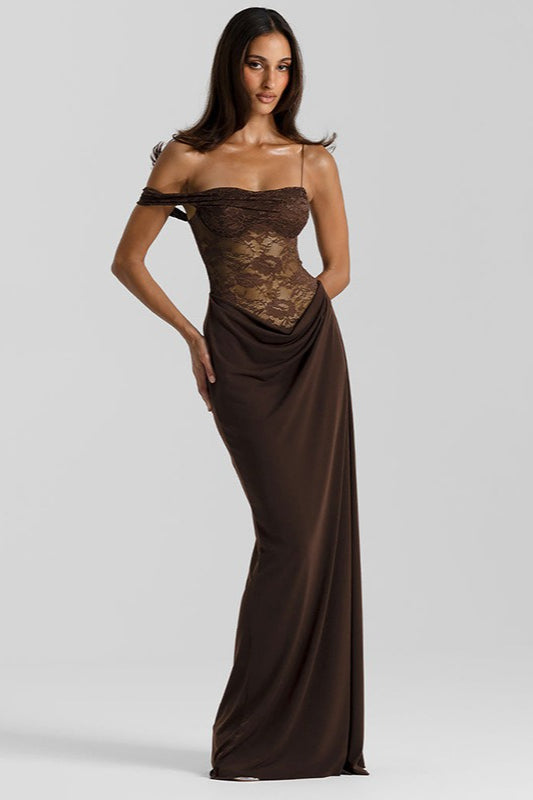 Asymmetrical Lace Corset Bustier Draped Waist Column Maxi Gown