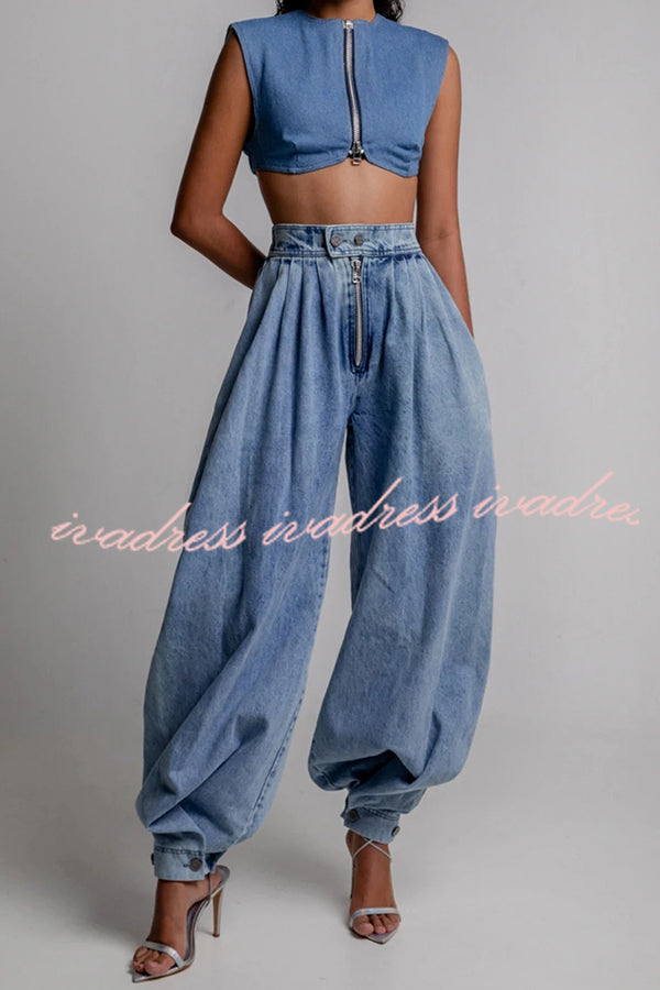 Fashion High Waist Vintage Zipper Cuffed Loose Jeans