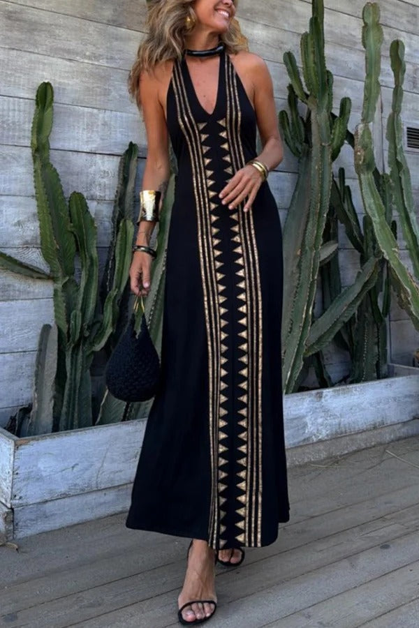 Metallic Triangle Foil Print Halter V-Neck Backless Column Maxi Dress