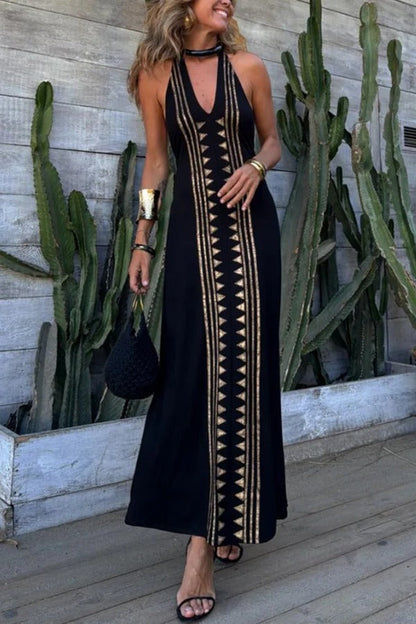 Metallic Triangle Foil Print Halter V-Neck Backless Column Maxi Dress