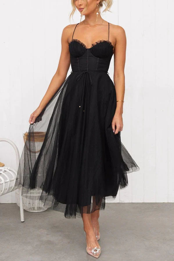 Sweetheart Neck Spaghetti Strap Corset Lace Up Tulle Skirt Midi Dress