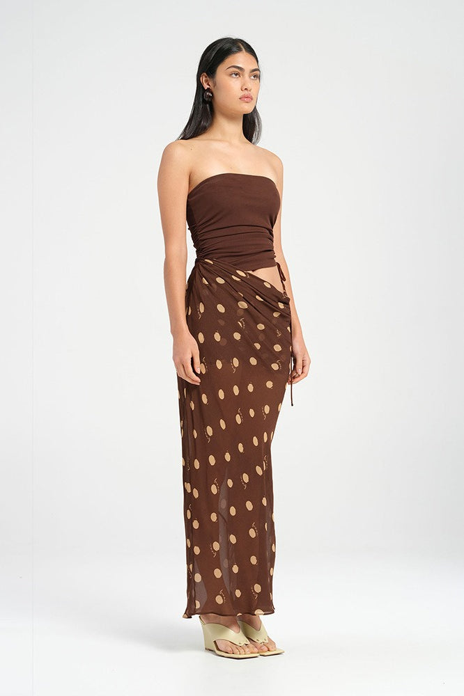Ruched Strapless Tube Top Low-Rise Polka Dot Maxi Skirt Set