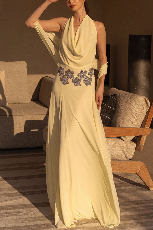 Santal Chiffon Detachable Halter Cowl Neck Scarf Floral Diamante Trims Maxi Dress