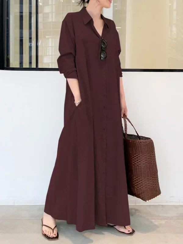 Oversized Button-Front Collared Long Sleeve Pocket Shirt Maxi Dress