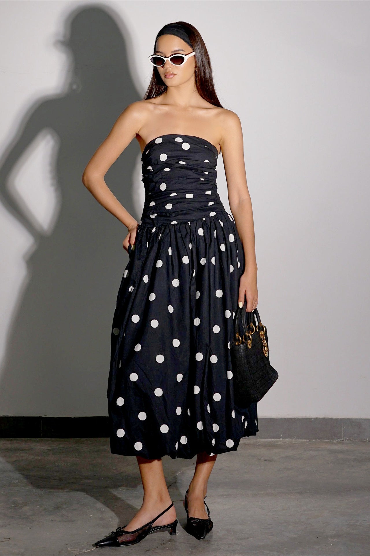 Polka Dot Strapless Ruched Bodice Pleated Midi Dress