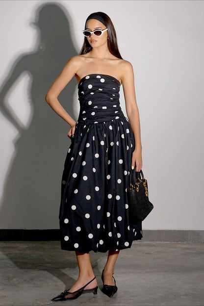 Polka Dot Strapless Ruched Bodice Pleated Midi Dress