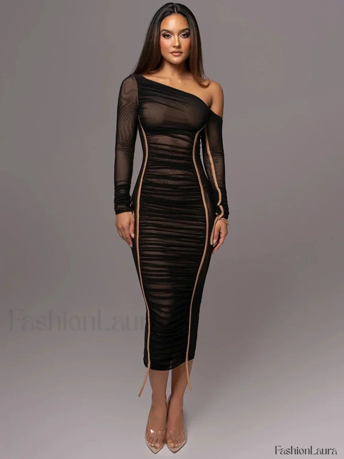 Diagonal Collar Mesh Backless Ruched Bodycon Long Midi Dress