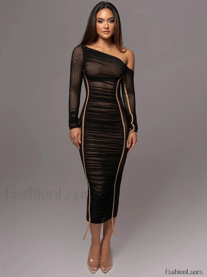 Diagonal Collar Mesh Backless Ruched Bodycon Long Midi Dress