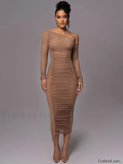 Diagonal Collar Mesh Backless Ruched Bodycon Long Midi Dress