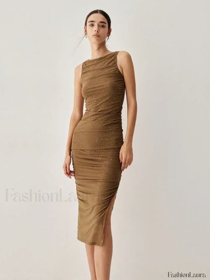 Diamante Ruched Mesh Trendy Slit Midi Dress