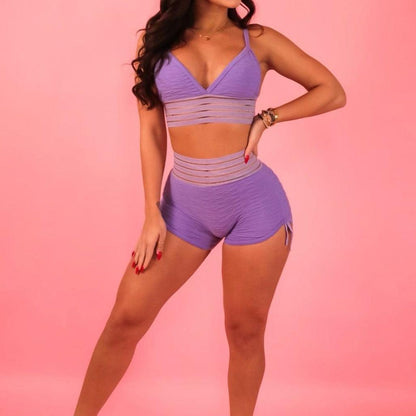KittenAlarm - Diana Insert Mesh Bra & High Waist Drawstring Mini Shorts Set