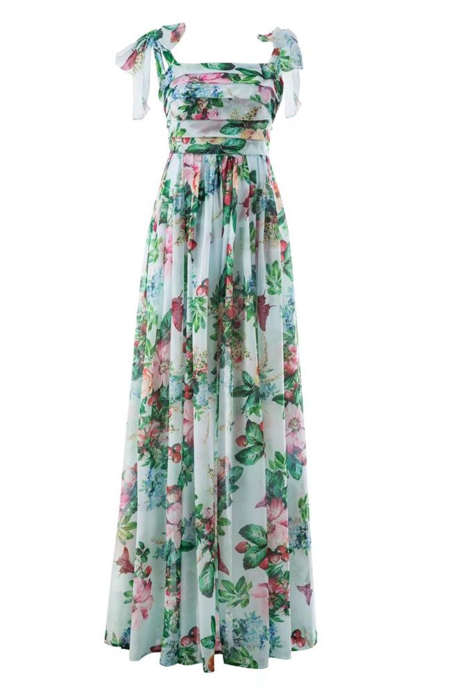Garden Floral Tie Shoulder Open Back Pleated Full Skirt Maxi Dress