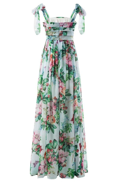 Floral Print Tie Shoulder Bow Strap Low Back Sash Bow Maxi Dress