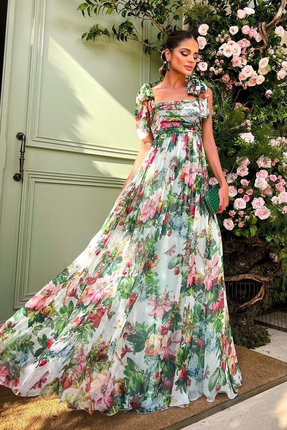 Floral Print Tie Shoulder Bow Strap Low Back Sash Bow Maxi Dress