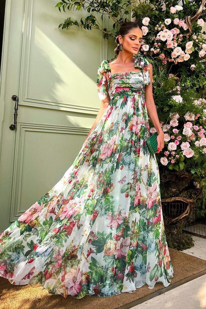 Floral Print Tie Shoulder Bow Strap Low Back Sash Bow Maxi Dress