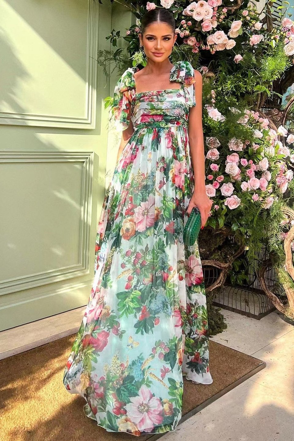 Floral Print Tie Shoulder Bow Strap Low Back Sash Bow Maxi Dress