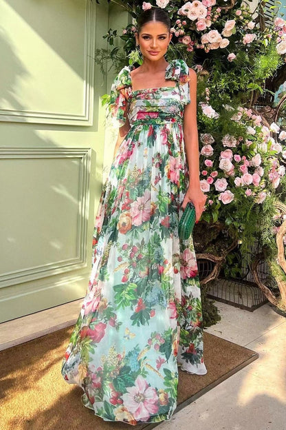 Floral Print Tie Shoulder Bow Strap Low Back Sash Bow Maxi Dress