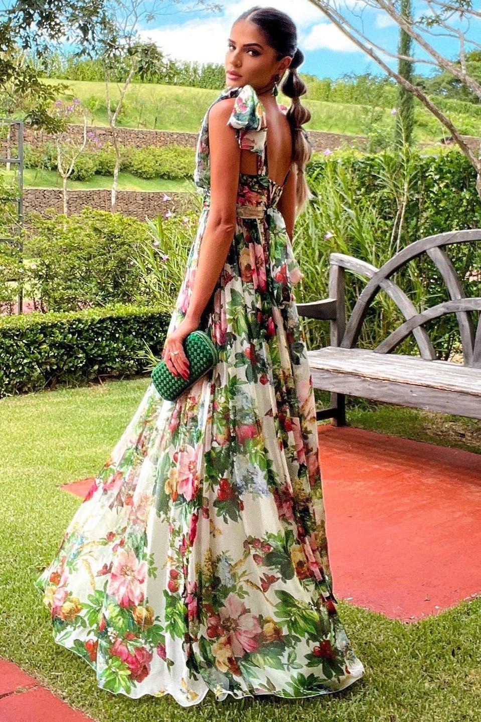 Floral Print Tie Shoulder Bow Strap Low Back Sash Bow Maxi Dress