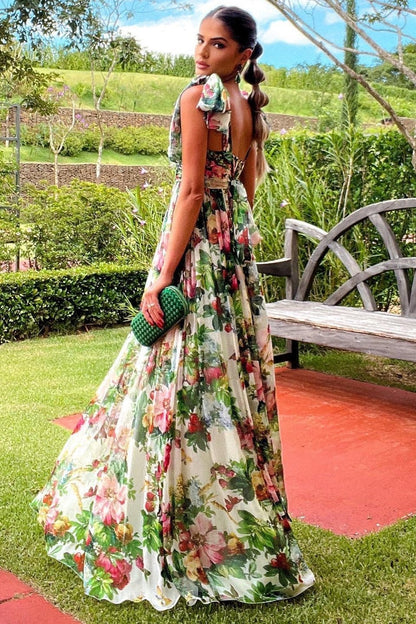 Floral Print Tie Shoulder Bow Strap Low Back Sash Bow Maxi Dress
