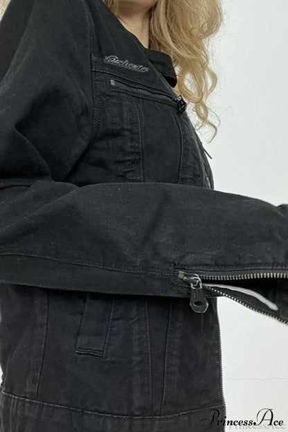 Distressed Black Denim Retro Casual Long-Sleeve Jacket
