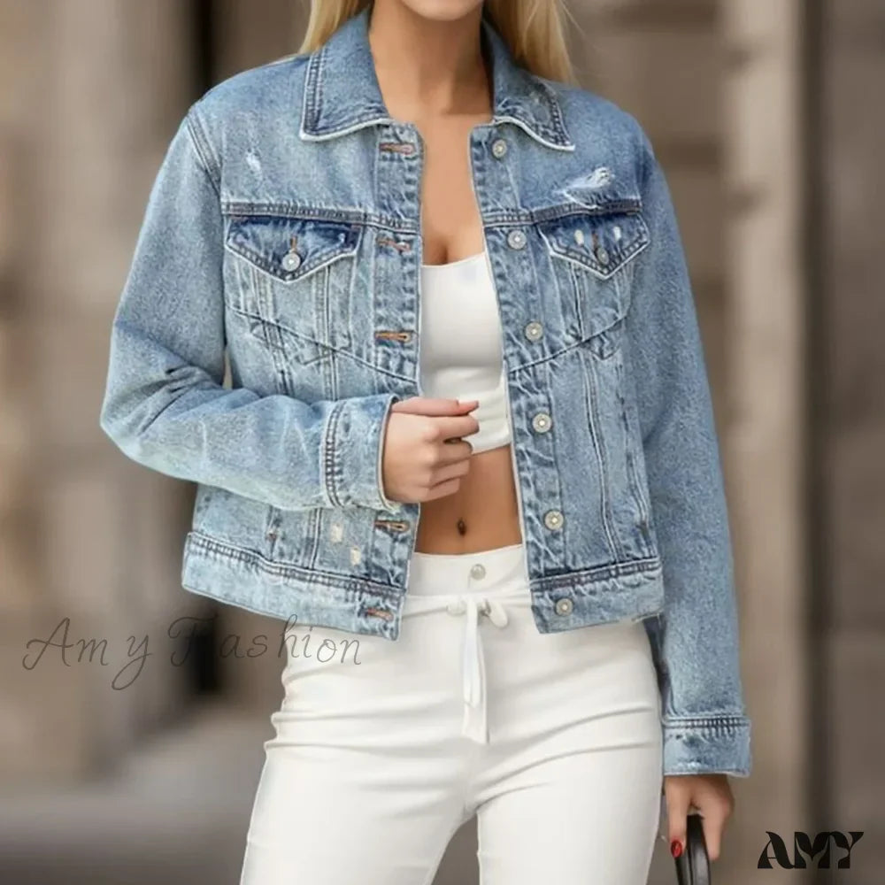 Distressed Ripped Holes Fashionable Casual Water Wash Turn Down Collar Outerwear Jacket