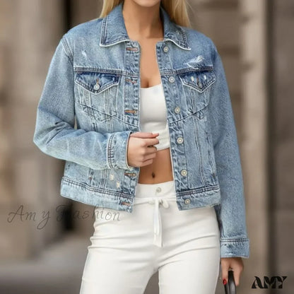 Distressed Ripped Holes Fashionable Casual Water Wash Turn Down Collar Outerwear Jacket