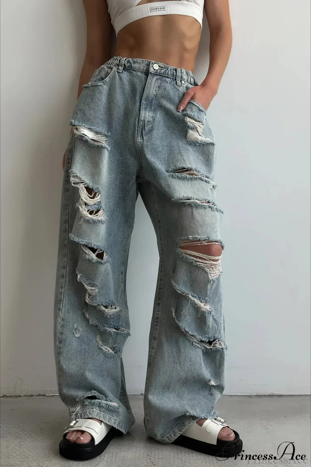 Distressed Washed Floor Length Street Jeans