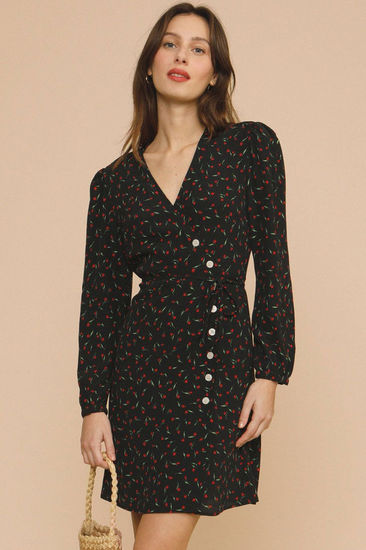 Ditsy Floral Print Wrap V-Neck Puff Sleeve Button Front Mini Dress