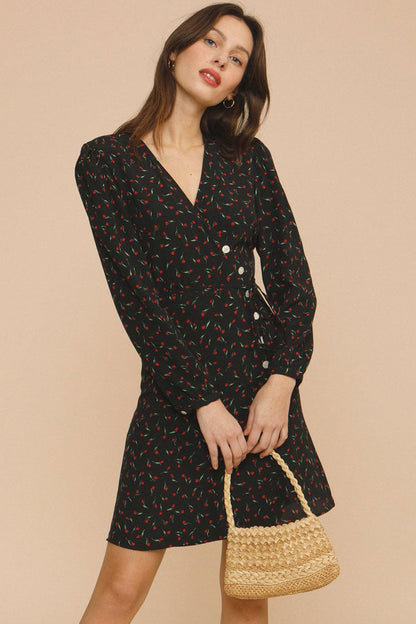 Ditsy Floral Print Wrap V-Neck Puff Sleeve Button Front Mini Dress