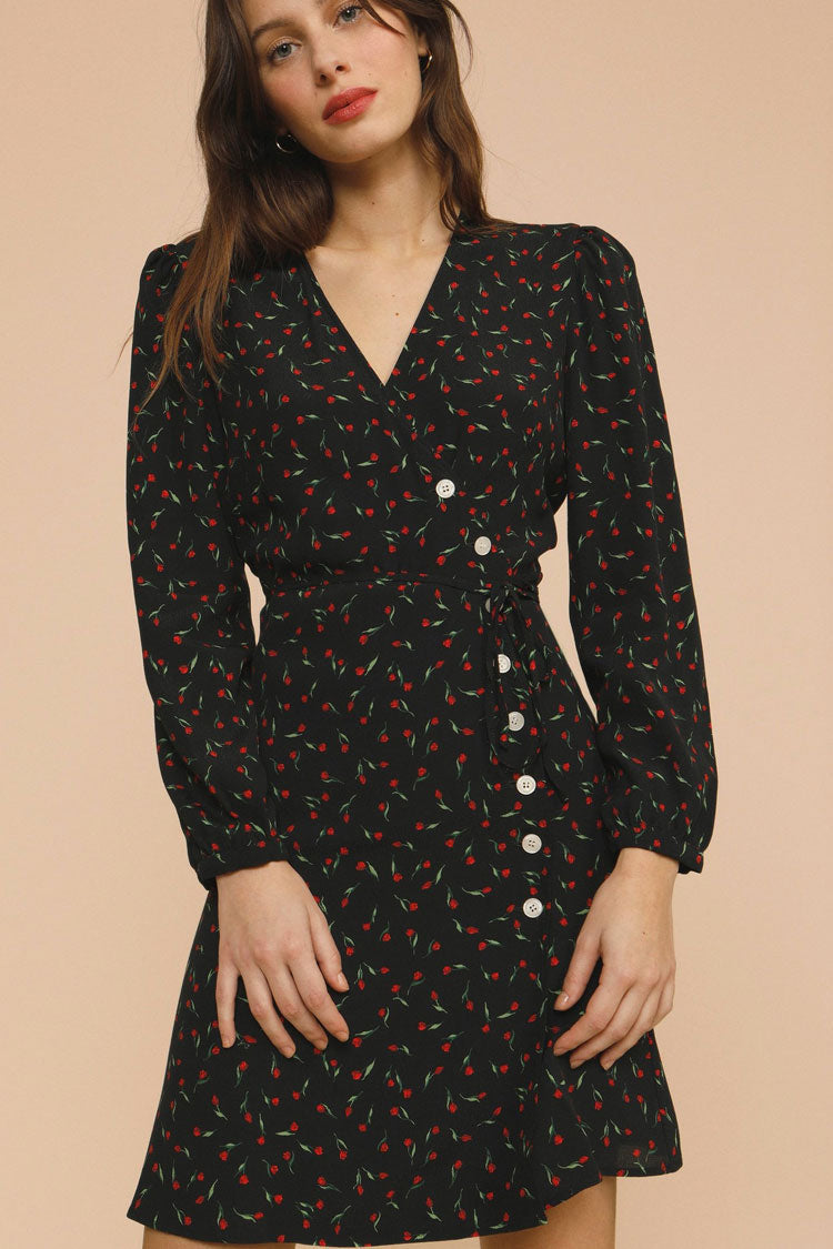 Ditsy Floral Print Wrap V-Neck Puff Sleeve Button Front Mini Dress
