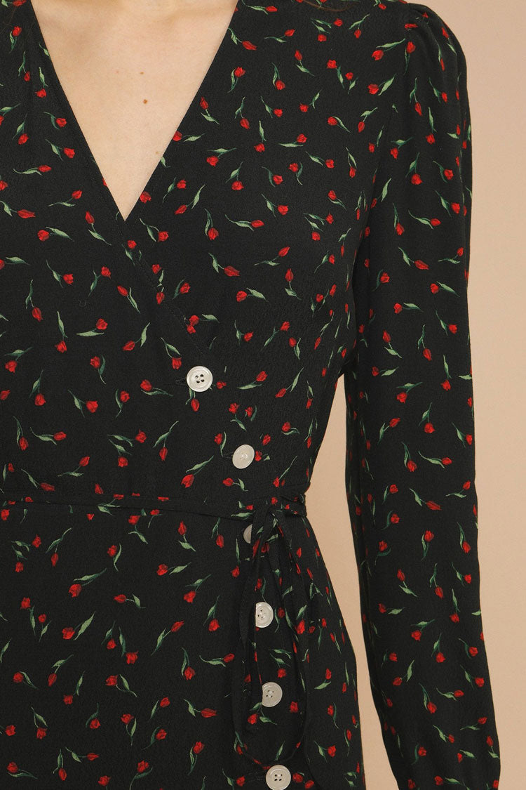 Ditsy Floral Print Wrap V-Neck Puff Sleeve Button Front Mini Dress
