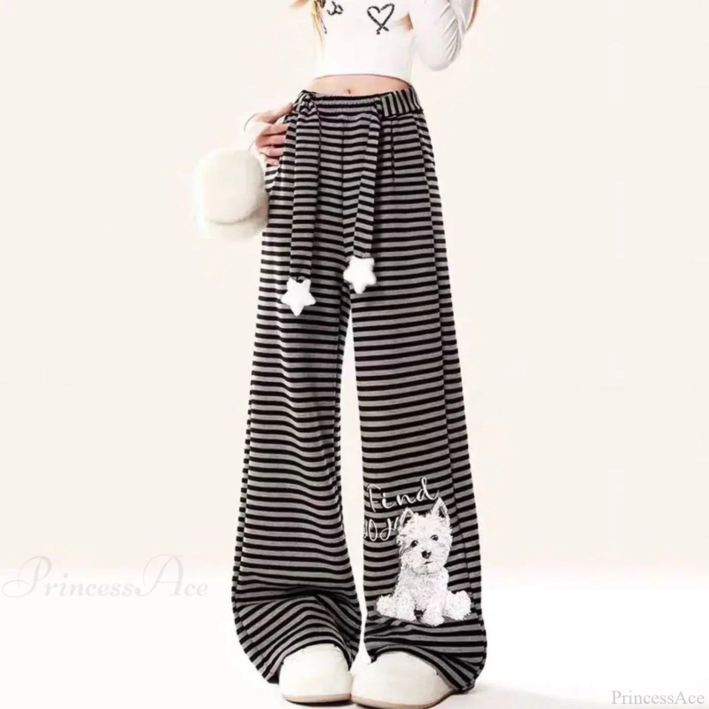 Dog Print Striped Fleece Casual Pants