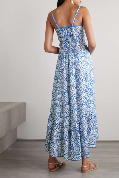 Broderie Anglaise Peacock Feather Print Smocked Back Tiered Maxi Dress