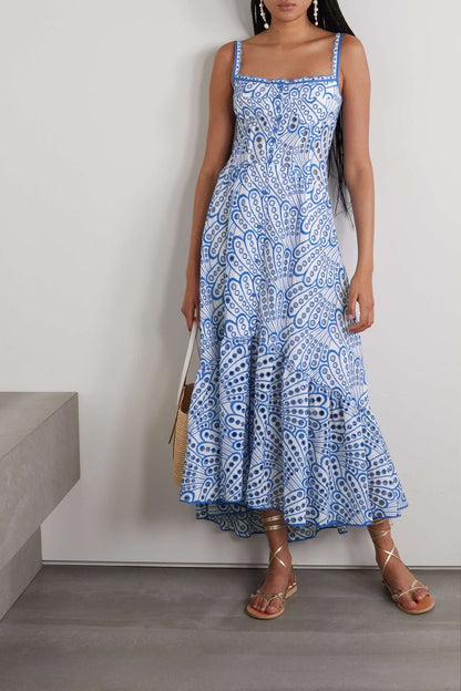 Broderie Anglaise Peacock Feather Print Smocked Back Tiered Maxi Dress