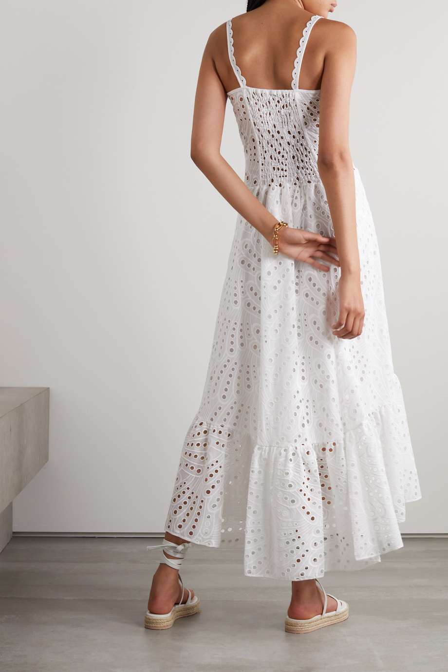 Broderie Anglaise Peacock Feather Print Smocked Back Tiered Maxi Dress