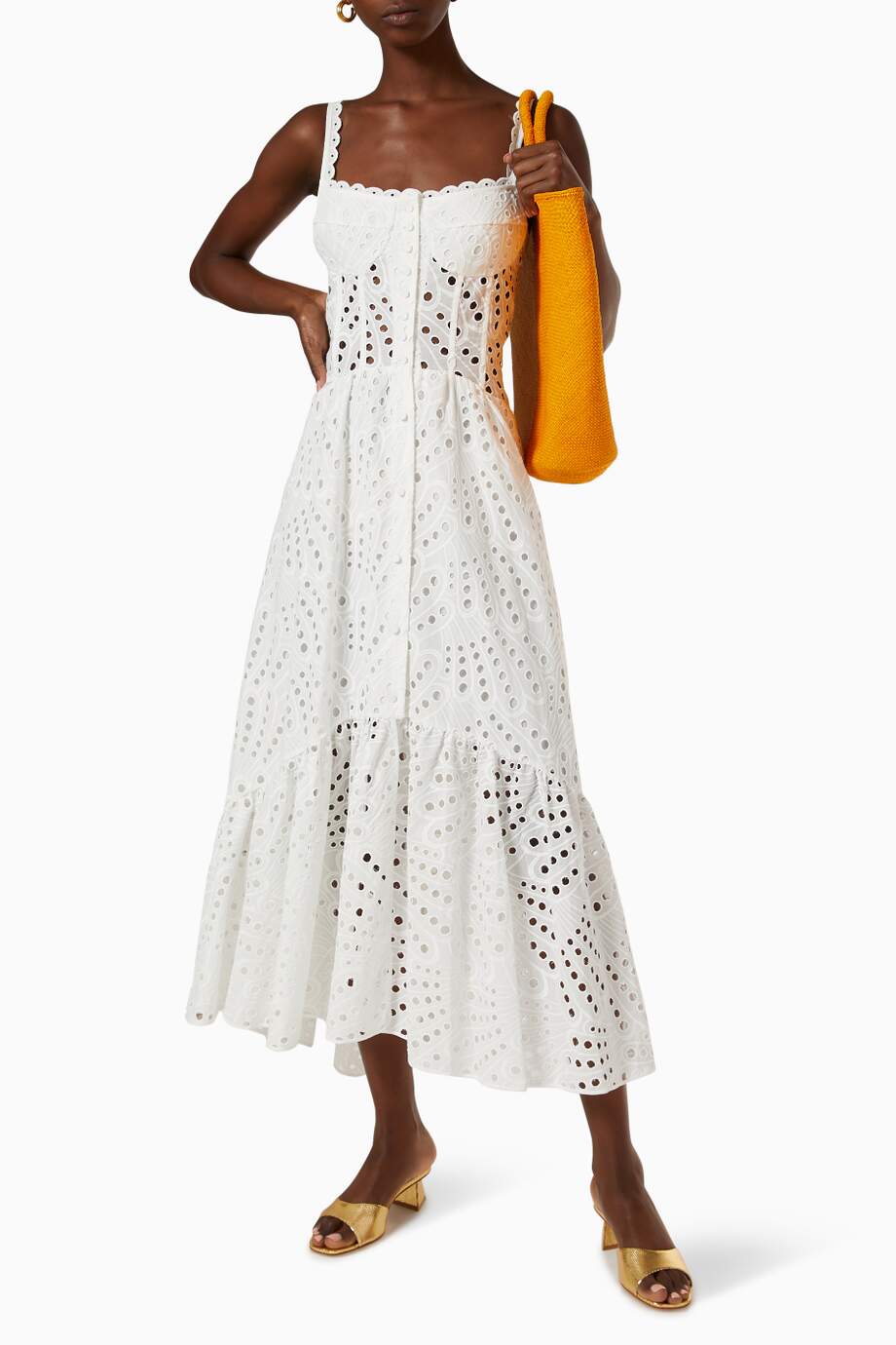 Broderie Anglaise Peacock Feather Print Smocked Back Tiered Maxi Dress