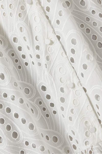 Broderie Anglaise Peacock Feather Print Smocked Back Tiered Maxi Dress
