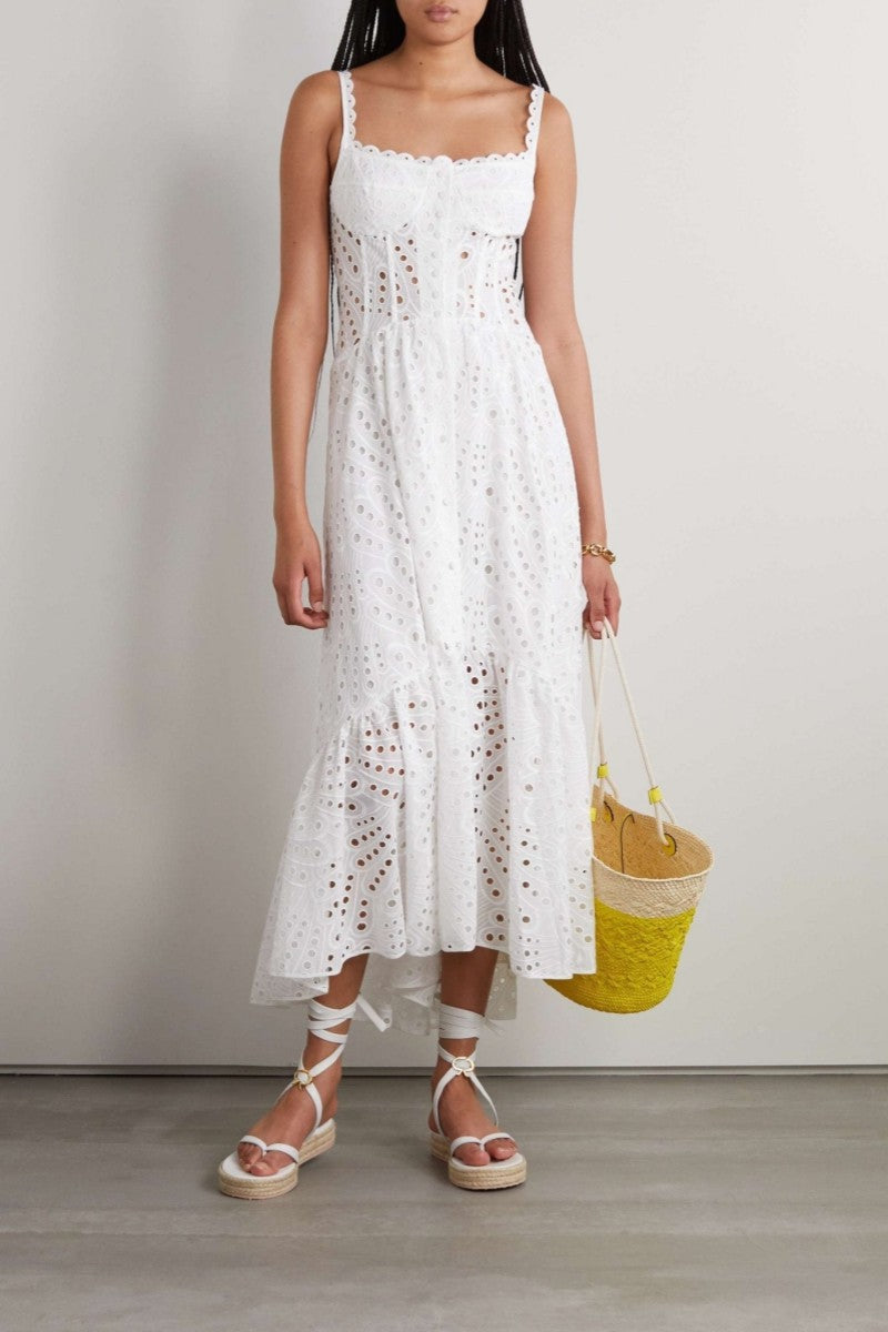 Broderie Anglaise Peacock Feather Print Smocked Back Tiered Maxi Dress